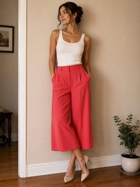 Massimo Dutti Coral Pink Cropped Wide-Leg Trousers